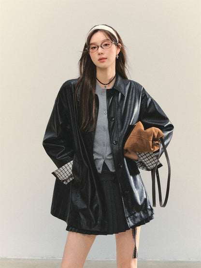 AsGony ASG25334 Cuff plaid patchwork leather jacket