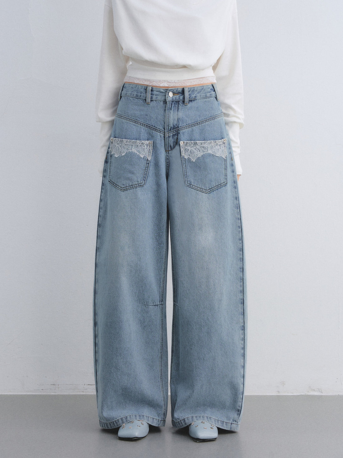 AsGony ASG25638 Lace pocket washed curved knife jeans