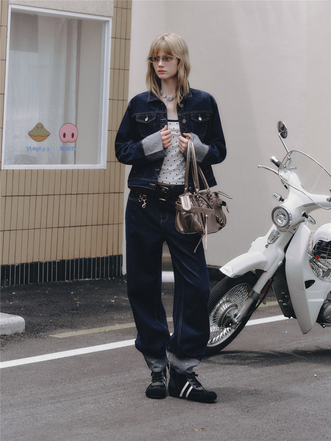 Asgony ASG26506 Raw Denim Jacket+ASG26507 Denim Straight Pants