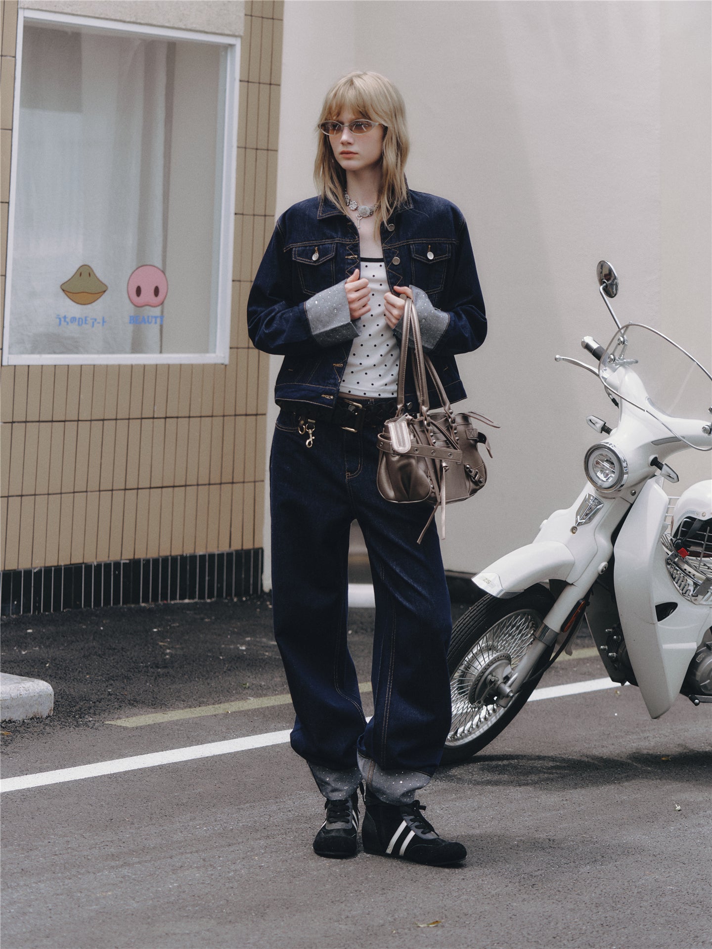 Asgony ASG26506 Raw Denim Jacket+ASG26507 Denim Straight Pants