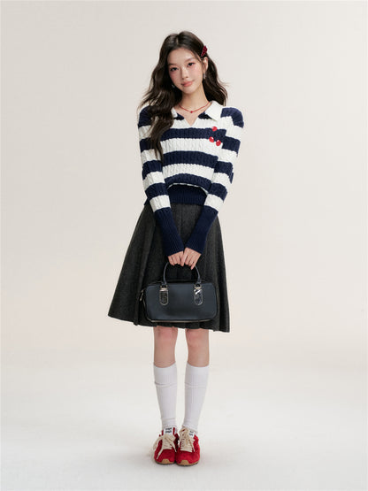 16DEWS 16D25484 Twisted floral texture contrasting pullover knitted sweater