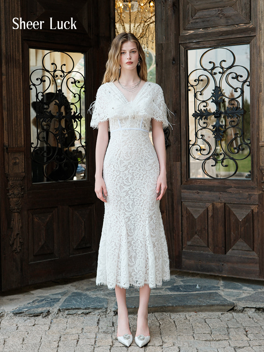 SHEERLUCK SLLYQ25405 V-neck lace shawl suspender dress