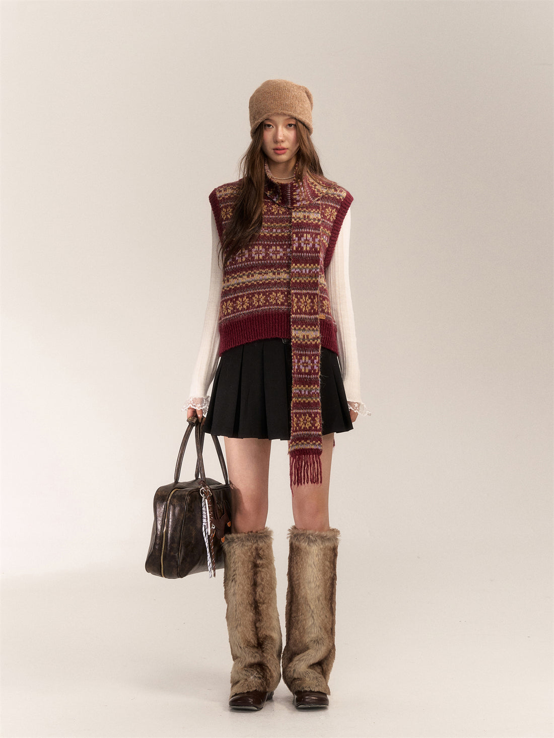 AsGony ASG24618 Fair Isle wool-blend vest and scarf set