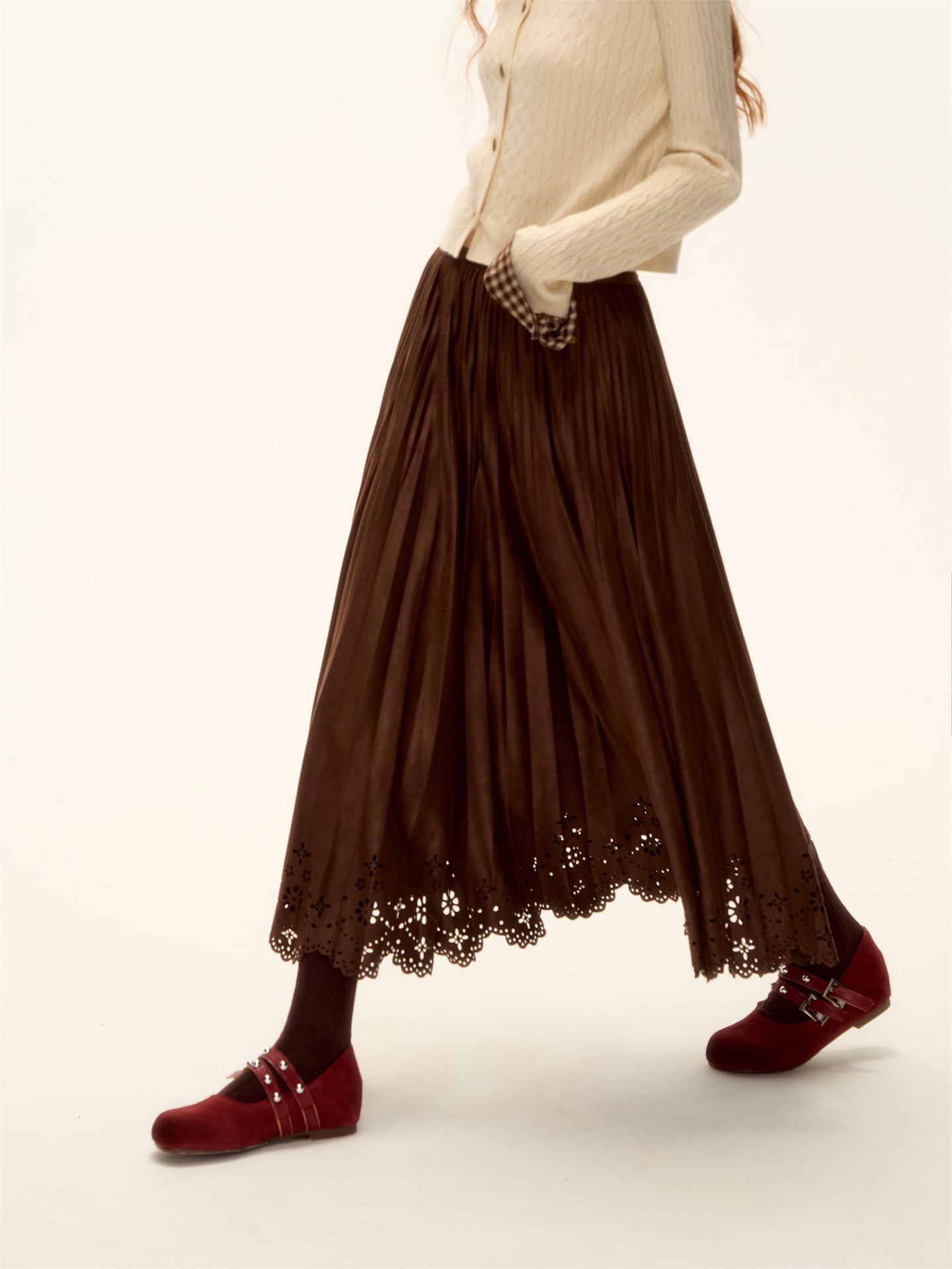 AsGony ASG25477 Hollow lace hem pleated suede long skirt