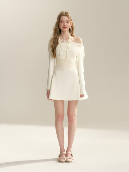 16DEWS 16D26021 Off shoulder bow slim fit long sleeved dress