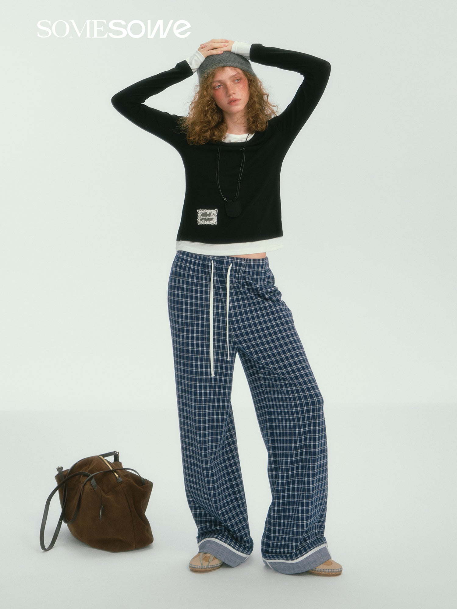 SOMESOWE S2407264 Gingham wide-leg pants