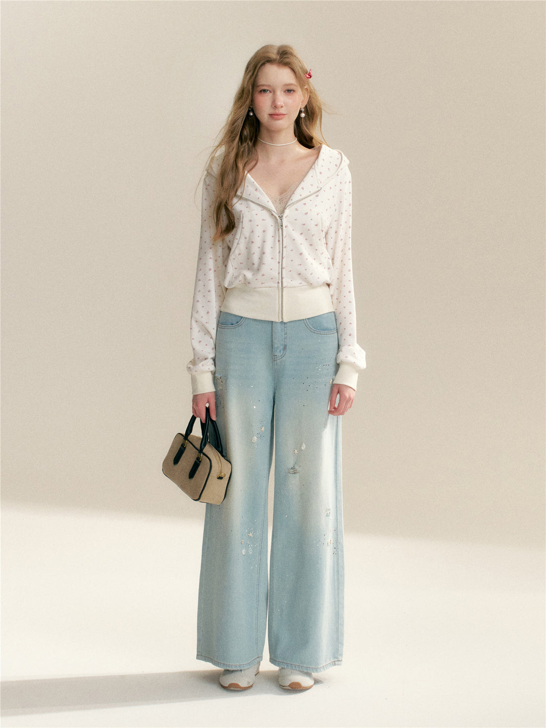 16DEWS 16D26011 Red floral hooded short-sleeved sweatshirt jacket