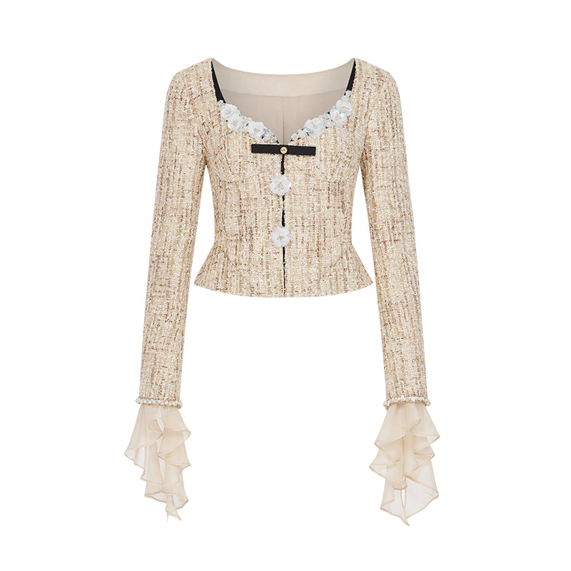 SHEERLUCK SLTZ25407 Tweed 3D flower jacket + skirt set