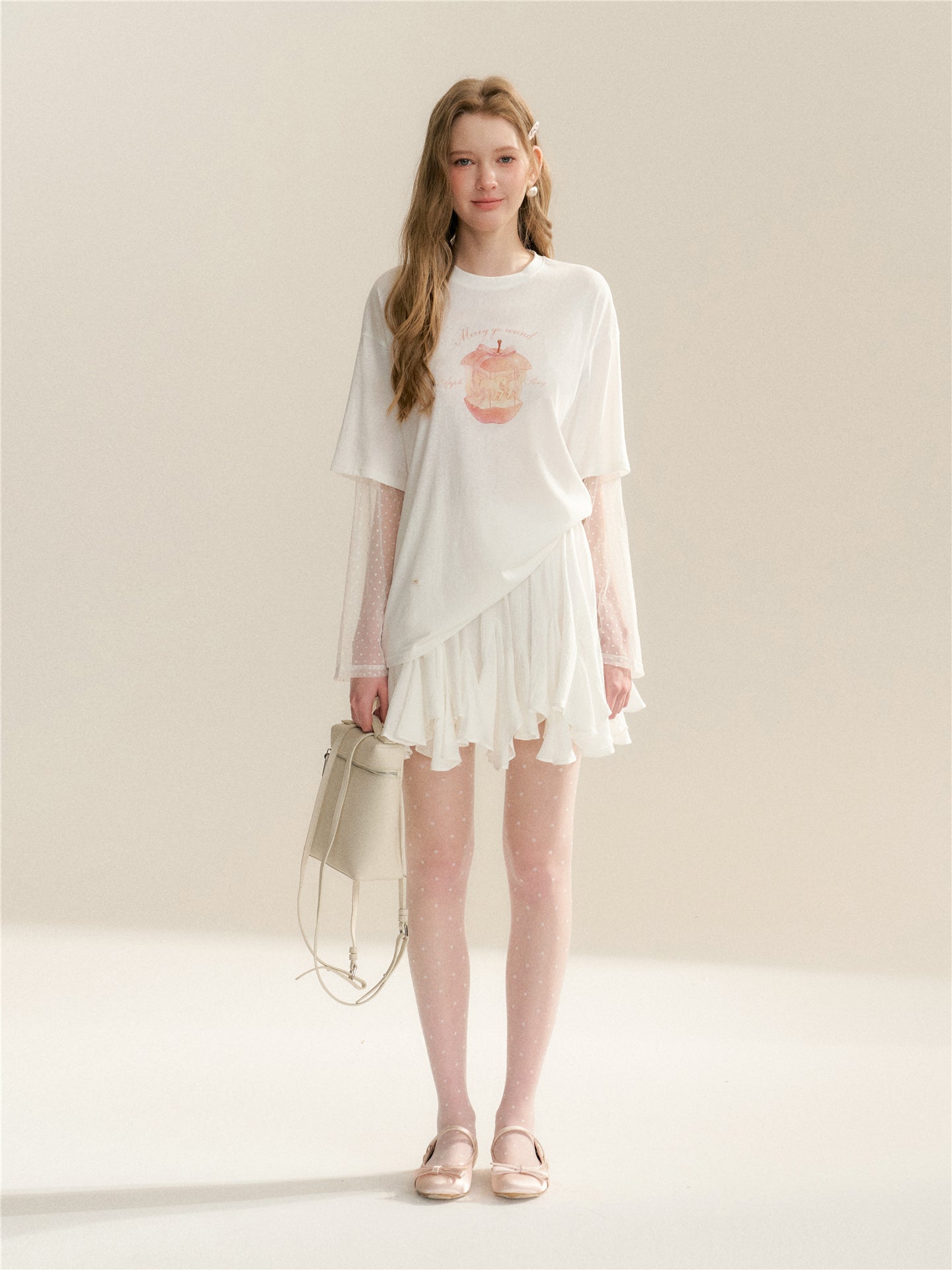 16DEWS 16D26042 Lace patchwork fake two piece long sleeved T-shirt