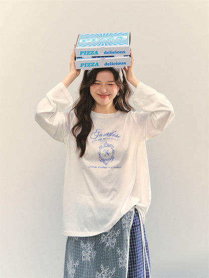 AsGony ASG25346&amp;ASG25365 College printed loose long sleeved T-shirt + pants set