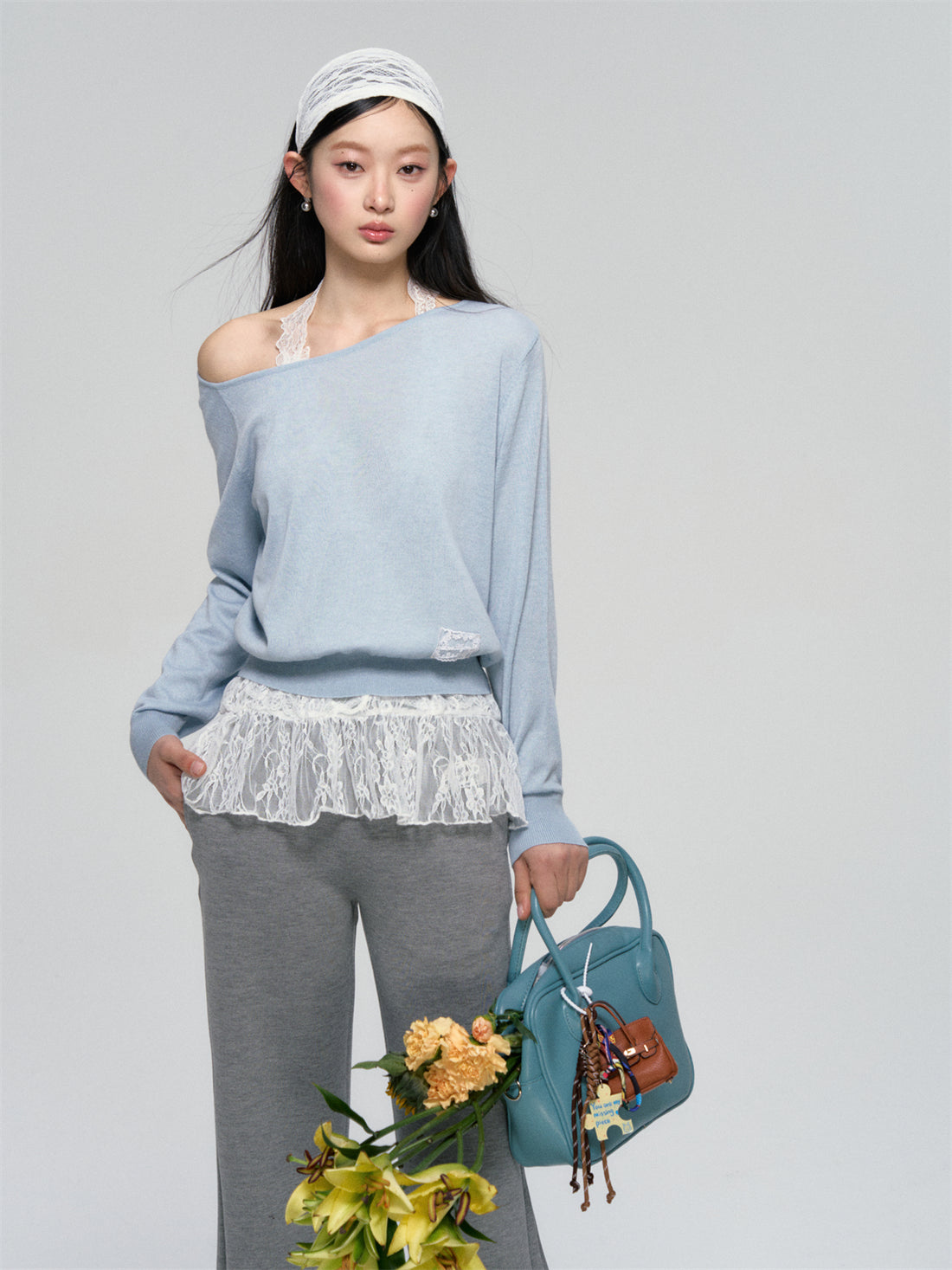 AsGony ASG25082 Lace strap knit two-piece set