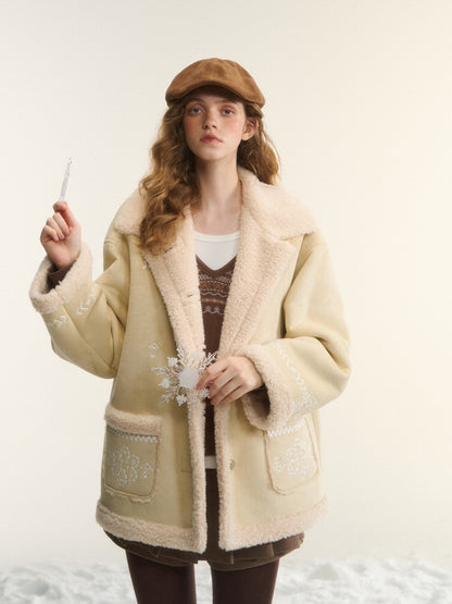 AsGony ASG25457 Particle plush suede single breasted embroidered jacket