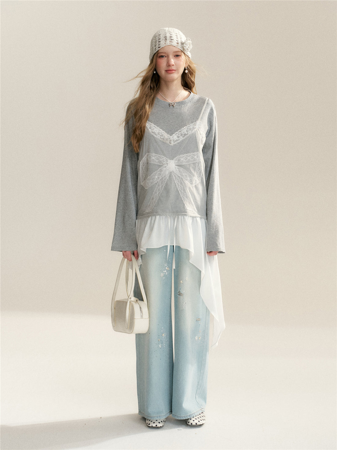 16DEWS 16D26062 Lace Splicing Fake Two Piece Irregular T-shirts