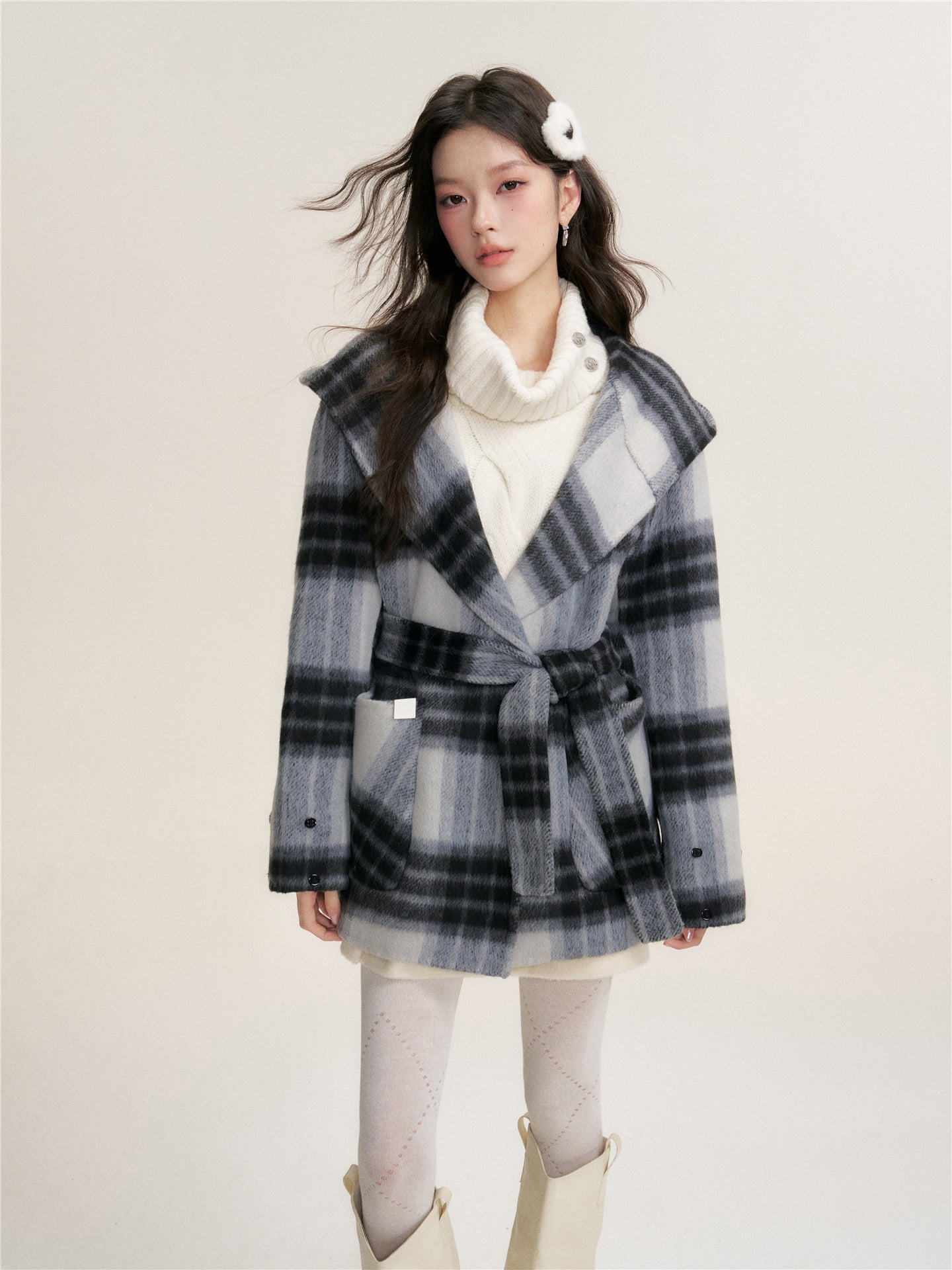 16DEWS 16D25456 Plaid hooded double-sided wool coat
