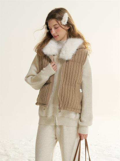 16DEWS 16D25516 Twisted flower knitted cotton padded thick hooded vest