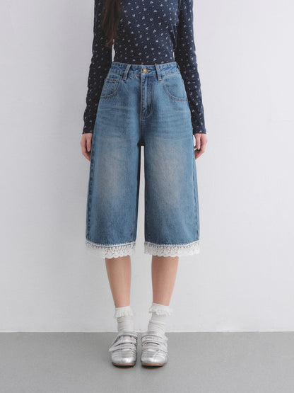 AsGony ASG26012 Ruffled Embroidered Hem Washed Denim Seven-Eighths Pants
