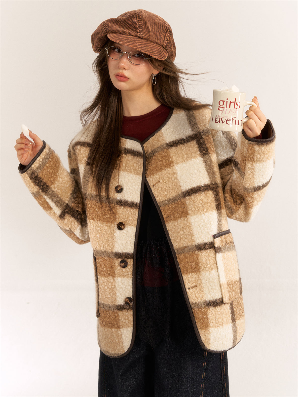 Asgony ASG30987 retro plaid round neck woolen jacket