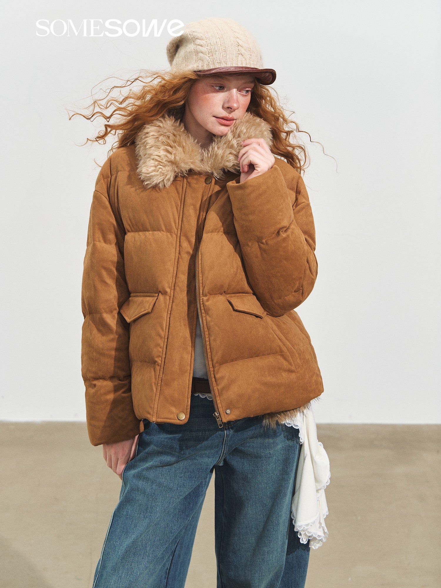 SOMESOWE S2508233 Suede patchwork fur collar down jacket