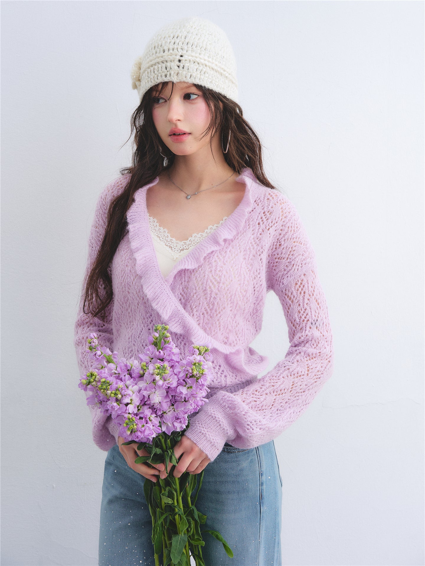 AsGony ASG26007 Wool cross ruffled mohair hollow pullover sweater
