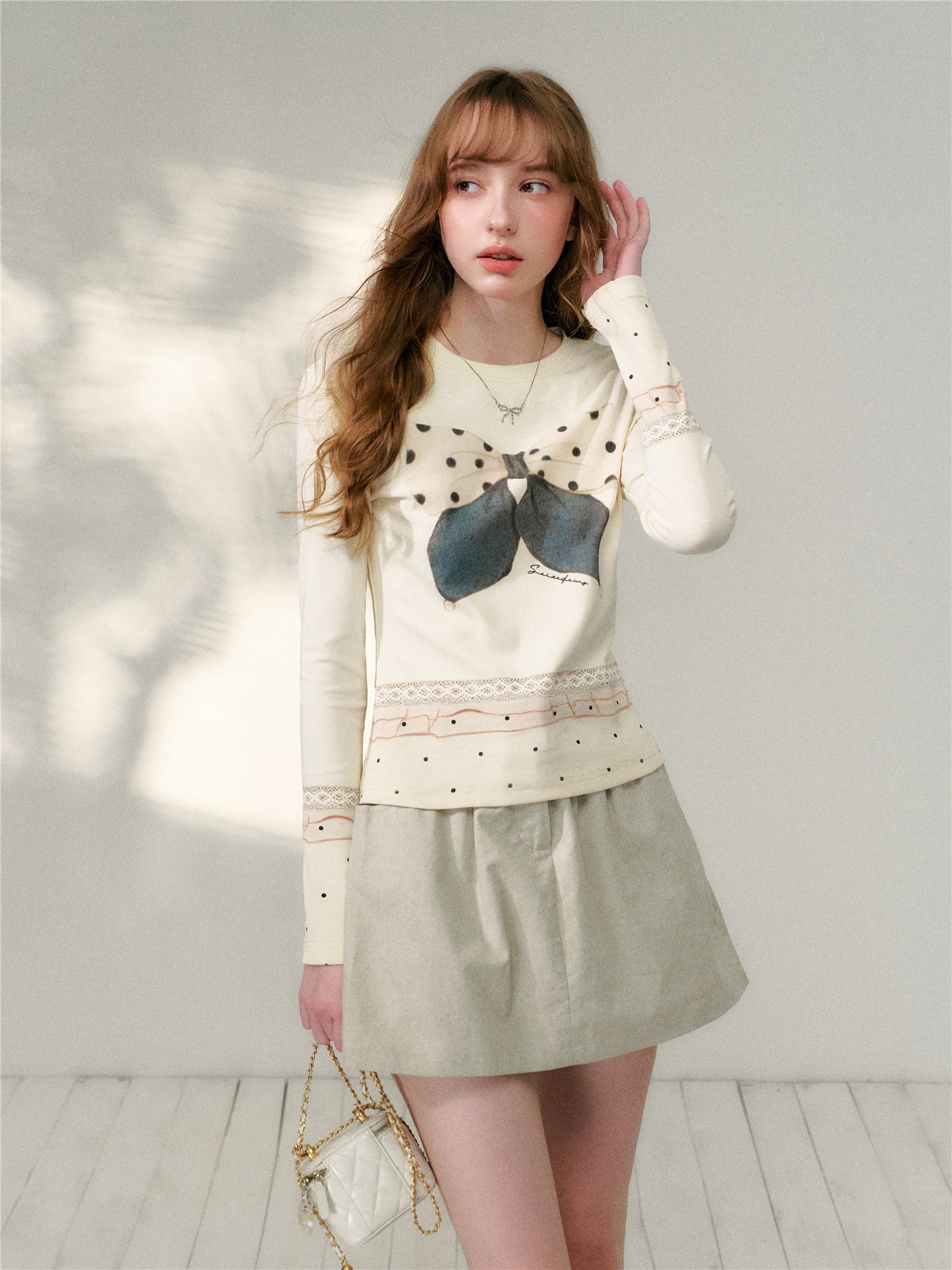 16DEWS 16D26077&amp;16D26101 Polka dot bow print slim-fit T-shirt + skirt set