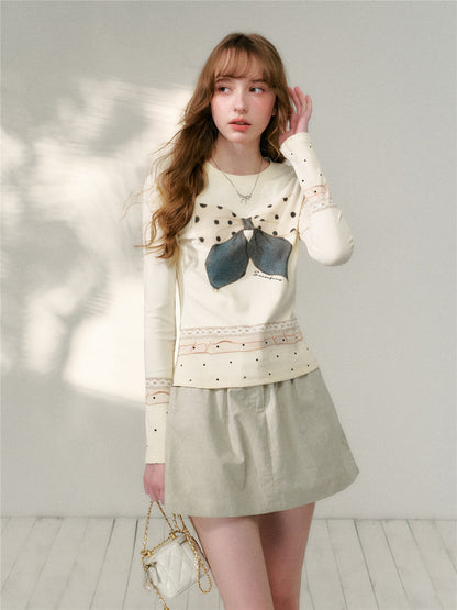 16DEWS 16D26077&amp;16D26101 Polka dot bow print slim-fit T-shirt + skirt set