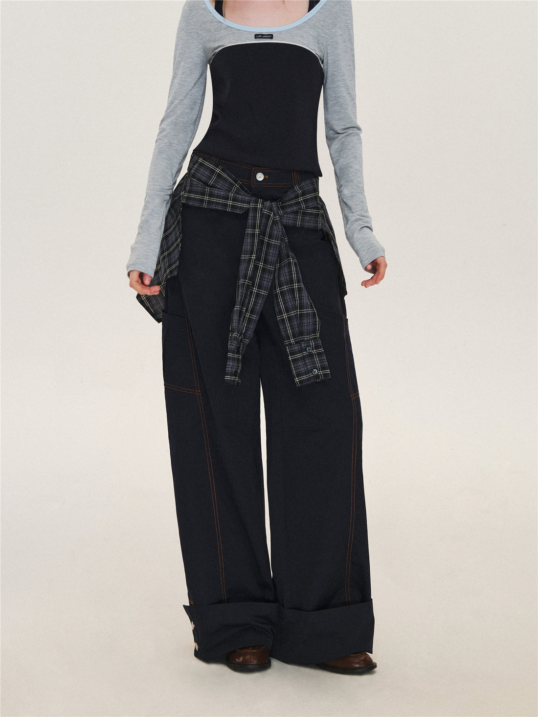 Asgony ASG26580 Relaxed-Fit Plaid Cargo Pants with Overskirt