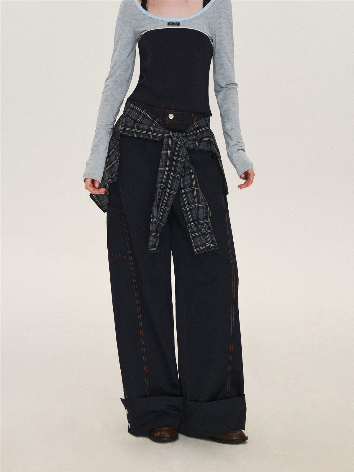 Asgony ASG26580 Relaxed-Fit Plaid Cargo Pants with Overskirt