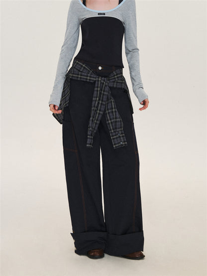Asgony ASG26580 Relaxed-Fit Plaid Cargo Pants with Overskirt