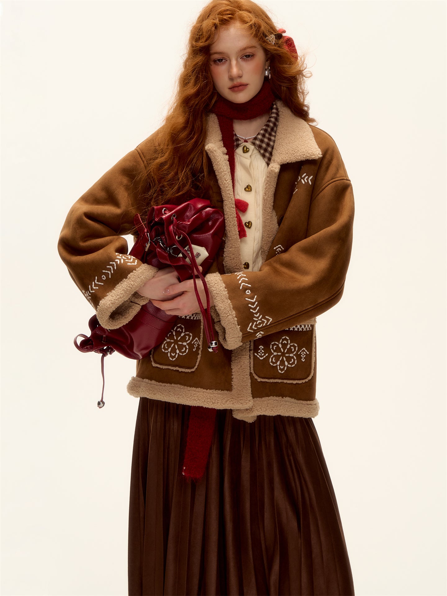 AsGony ASG25457 Embroidered fur lamb coat