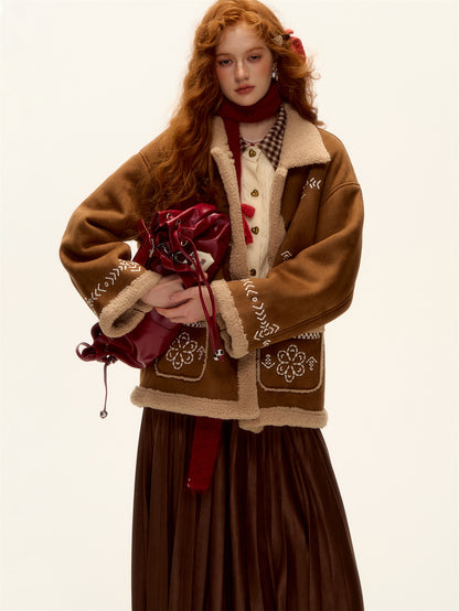 AsGony ASG25457 Embroidered fur lamb coat