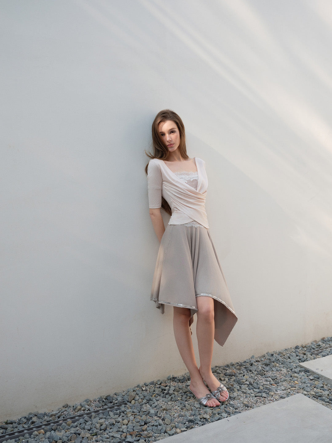 NONCESTNON N315&amp;N279 Pink cross lace mid sleeve + Irregular bead umbrella skirt