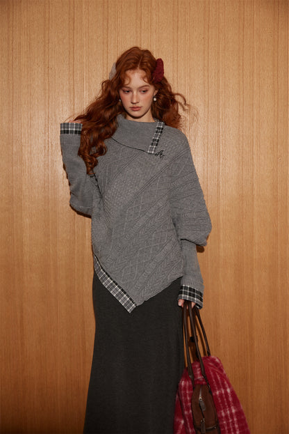 AsGony ASG25372 Collar plaid patchwork bat sleeve sweater