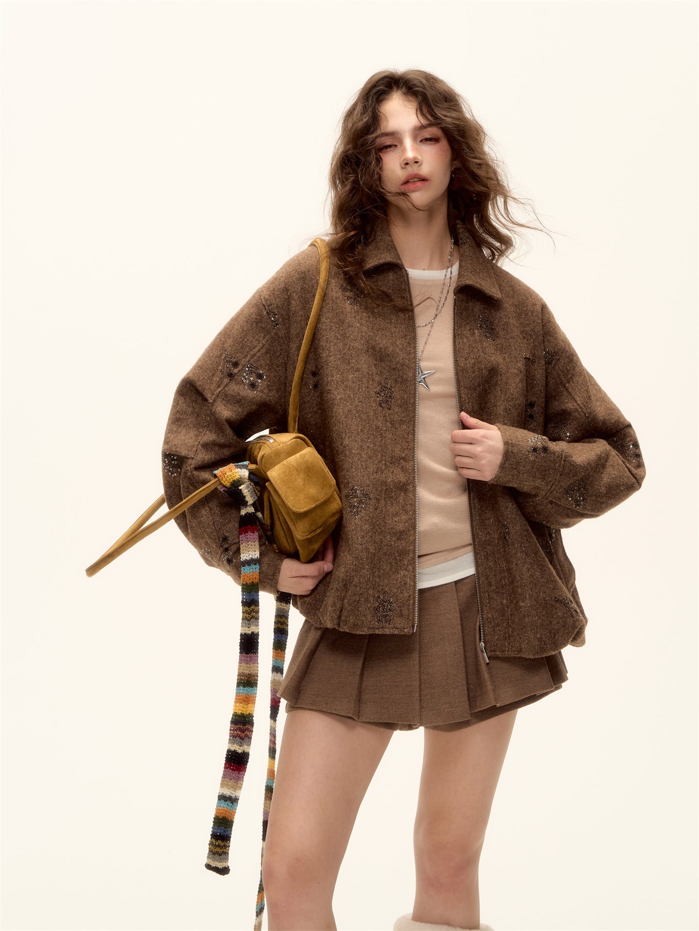 AsGony ASG25497 Bead embroidery plaid splicing flower bud wool jacket