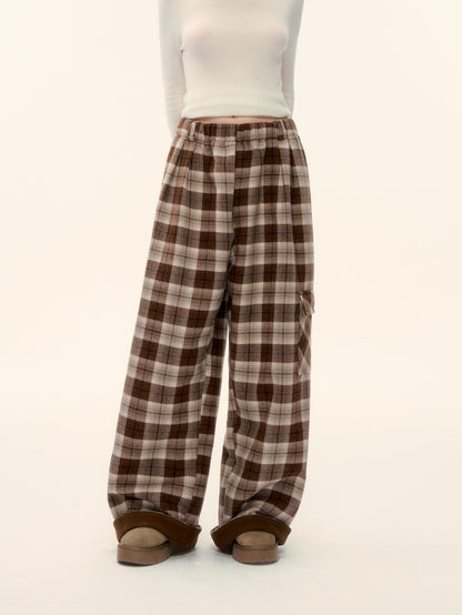 AsGony ASG25629 Elastic plaid wide leg casual pants