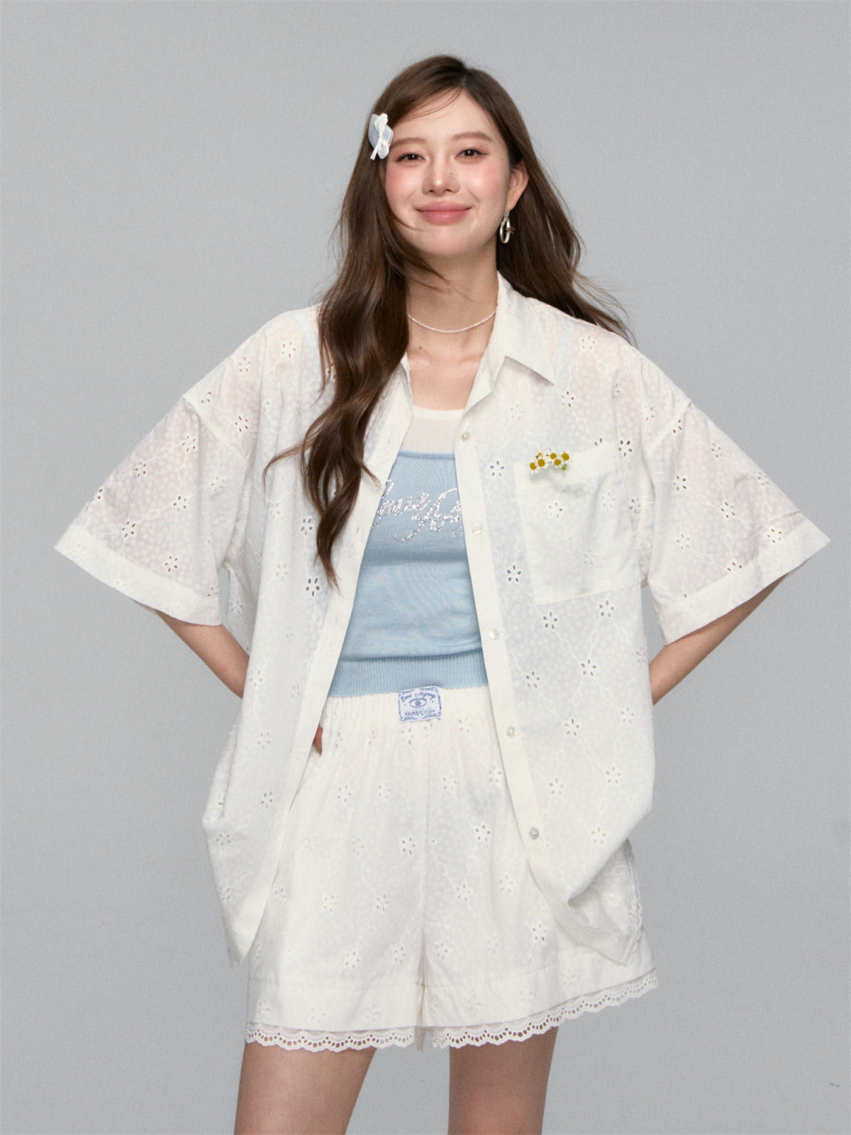 AsGony ASG25114&amp;ASG25115 Cotton loose short sleeved shirt + shorts set (seperate)