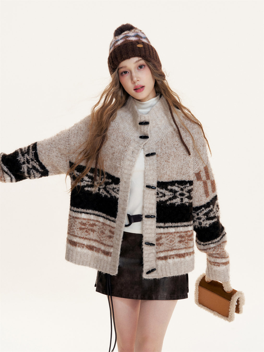 16DEWS 16D25386  Fair Isle Lapel Loosely Knitted Sweater