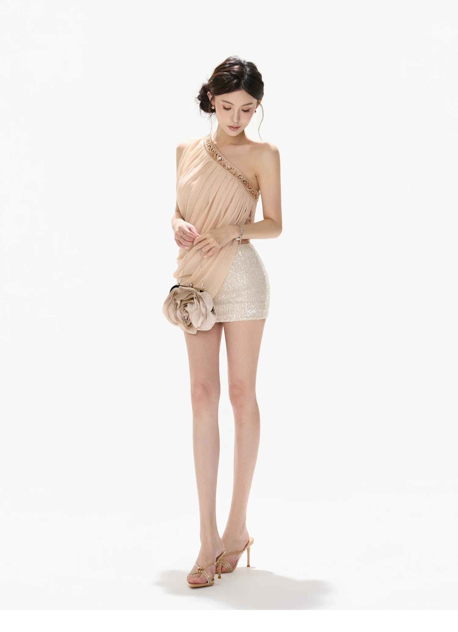 CYNR Beige Beaded Off-Shoulder Top + Sequin Pencil Skirt(SEPERATE)