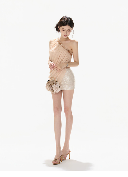 CYNR Beige Beaded Off-Shoulder Top + Sequin Pencil Skirt(SEPERATE)