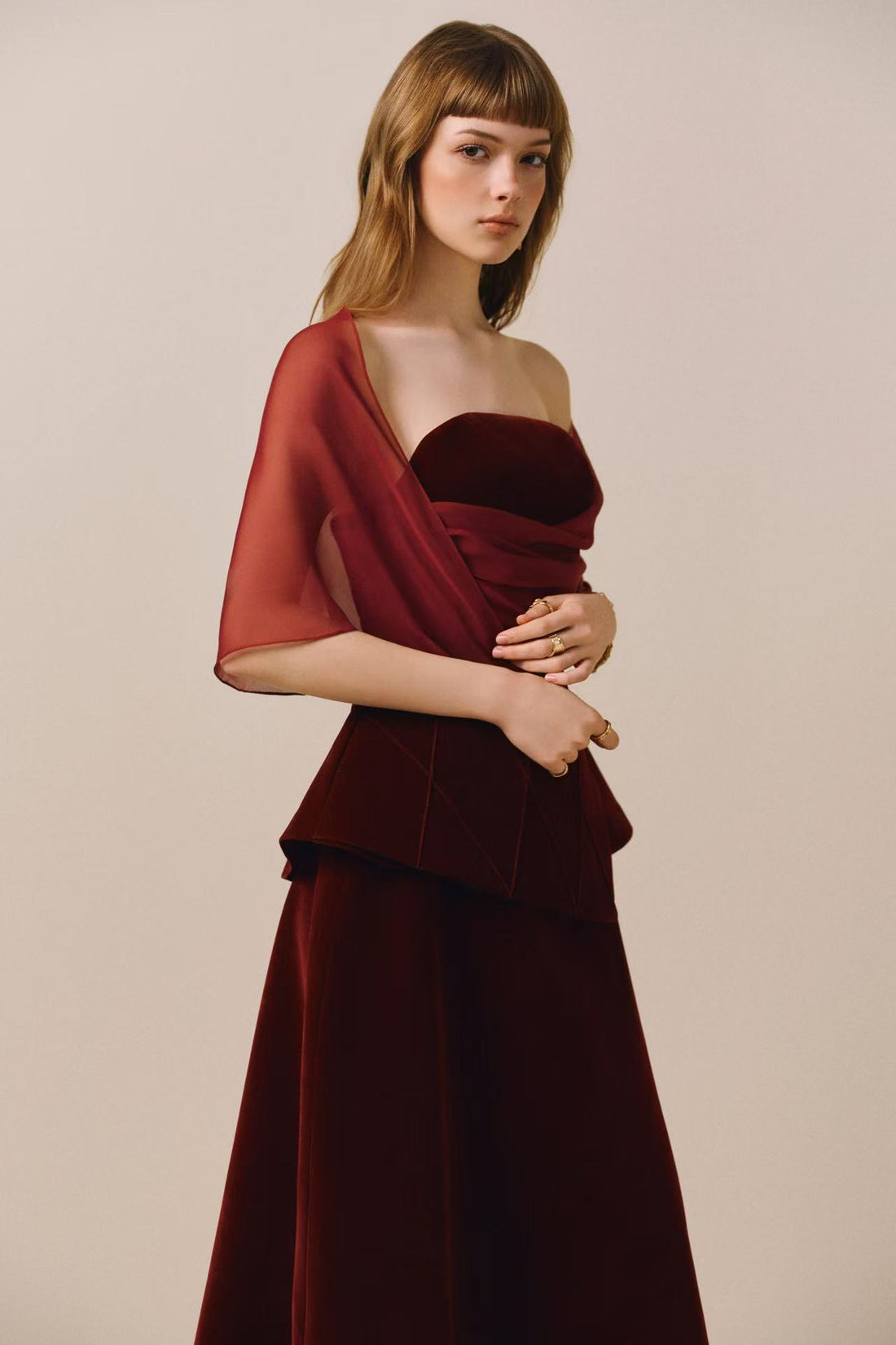 CICI SCARLOTTE Velvet Midi Dress with Sheer Overlay (2color)