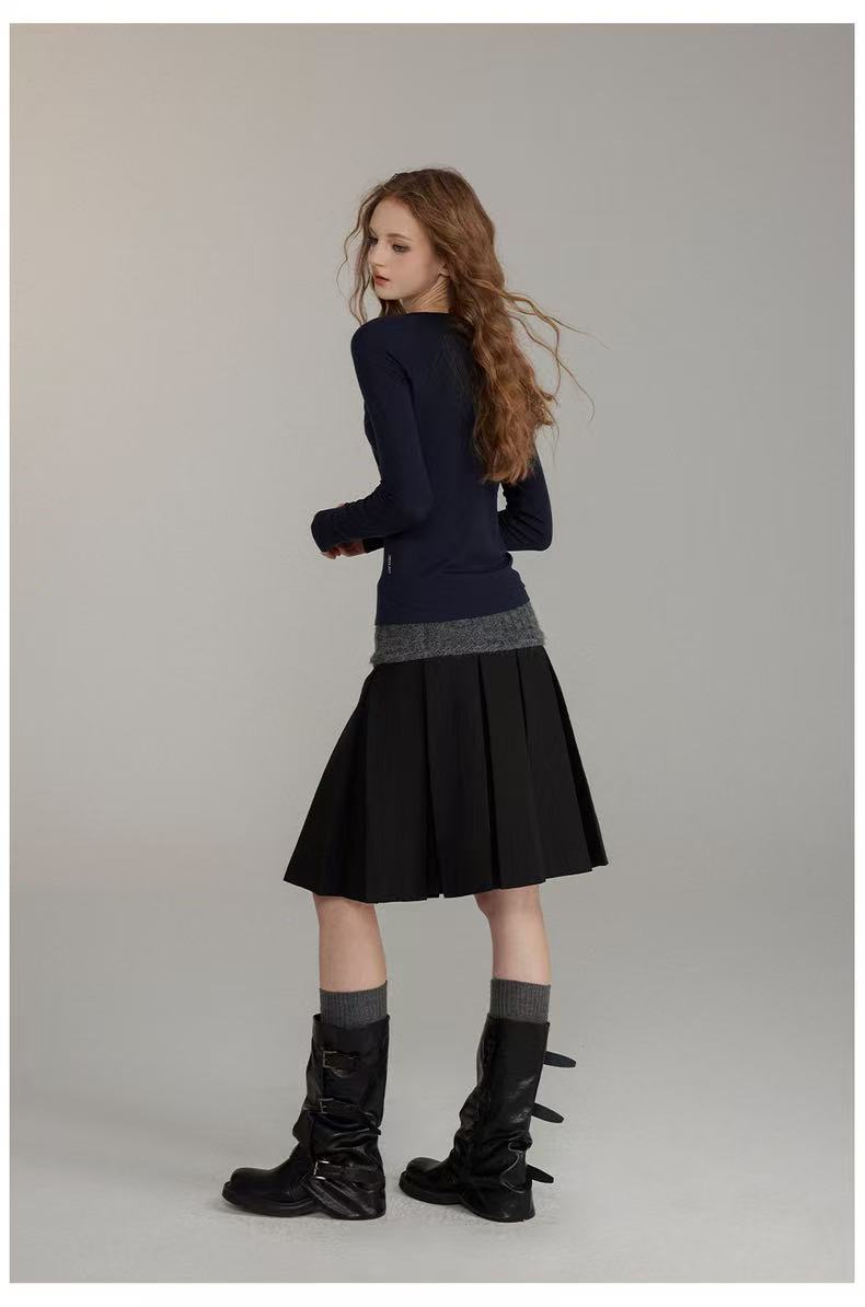 VIA PITTI V24DS249 Button patchwork pleated skirt(2color)