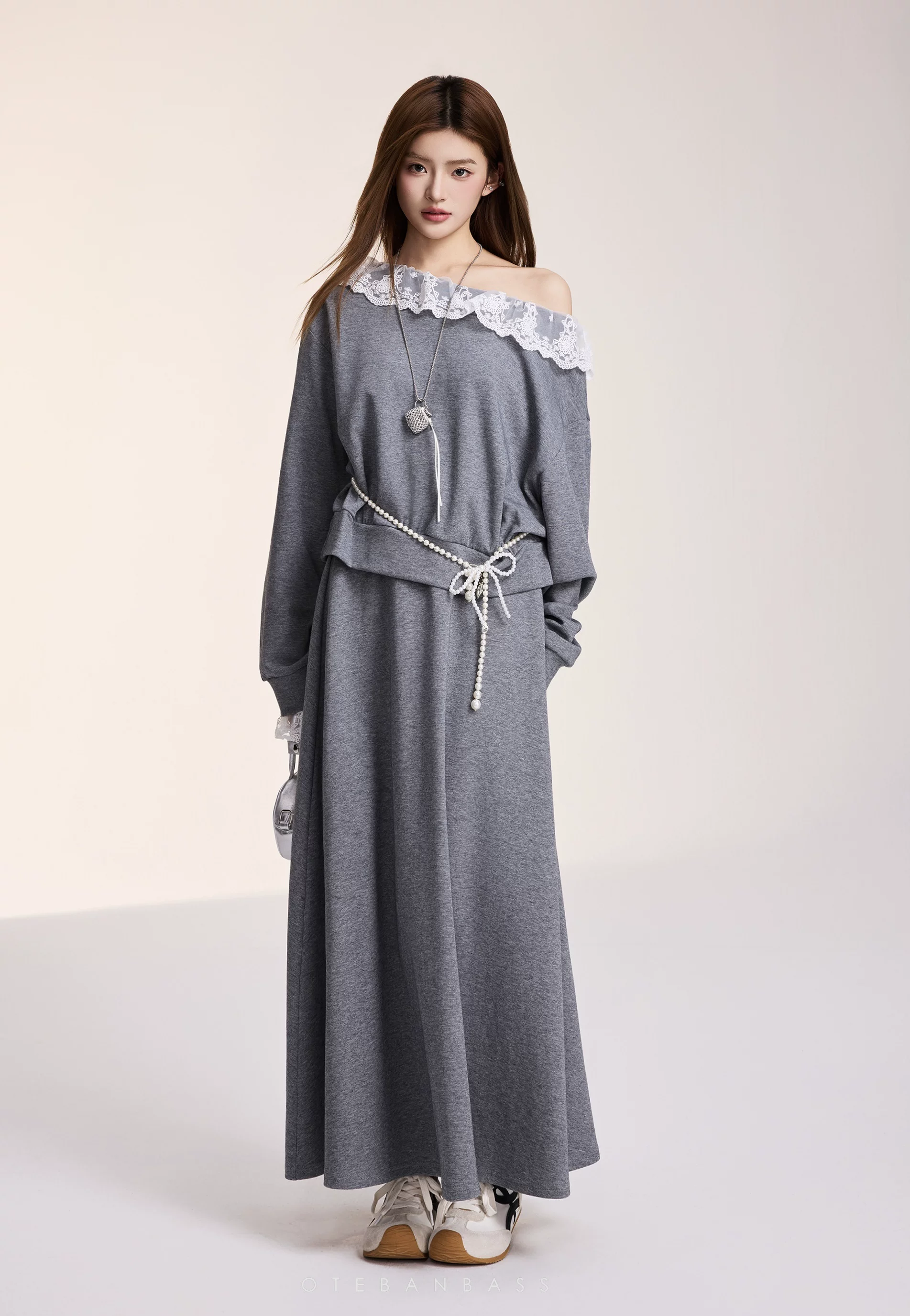 OTEBANBASS Grey Lace-Trim Co-ord Skirt Set