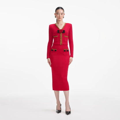 Self-Portrait RED TEXTURED KNIT CORSAGE MIDI SKIRT