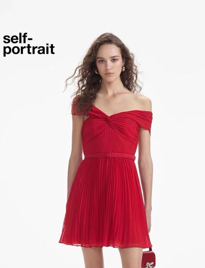 Self-Portrait RED OFF SHOULDER CHIFFON MINI DRESS