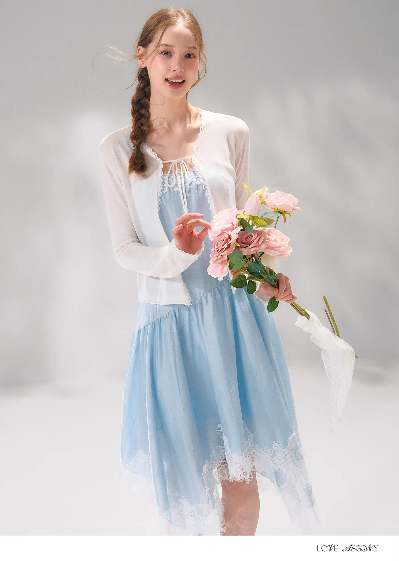 AsGony ASG26085 Knitted lace patchwork tie cardigan