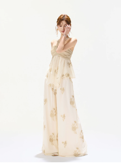 CYNR Soft Chiffon Halter Wide Leg Pants Set