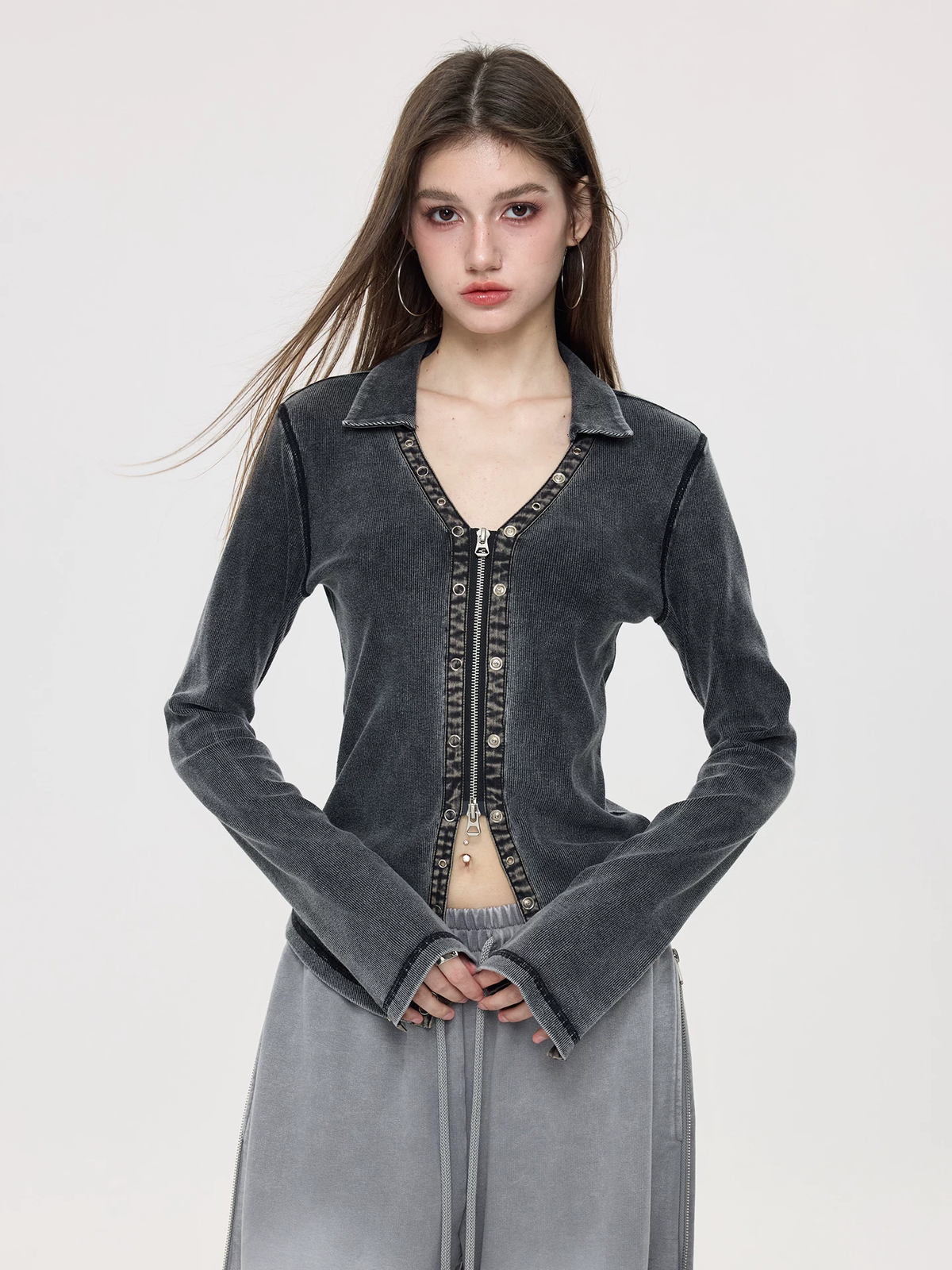 Nova Street Slimming Fitted Blouse with Dual Zippers