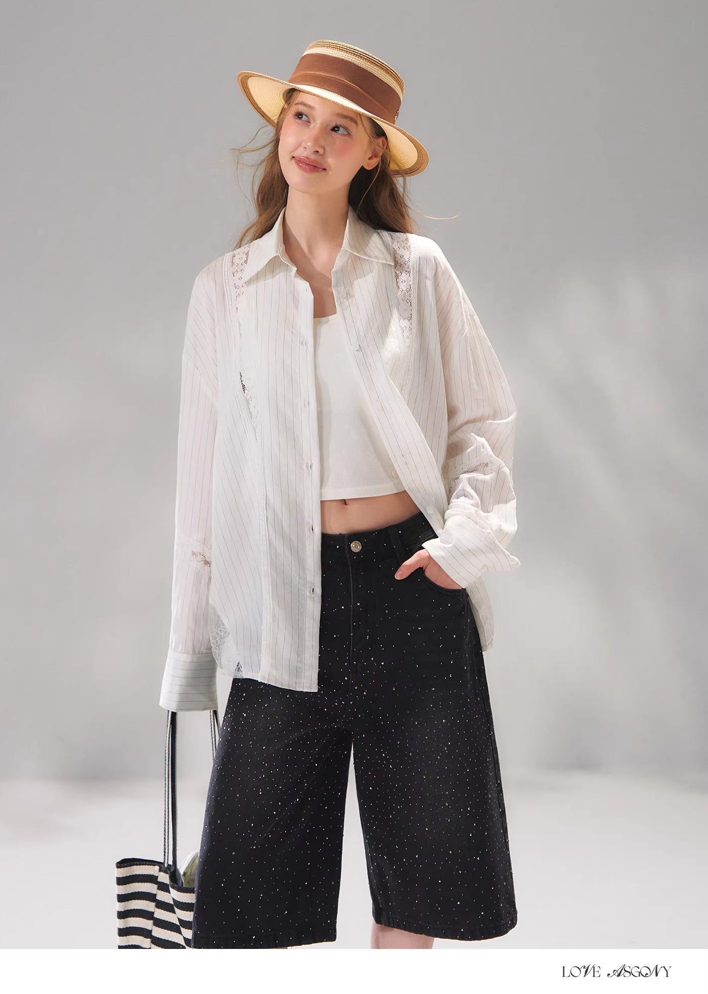 AsGony ASG26073 Striped lace patchwork embroidered shirt