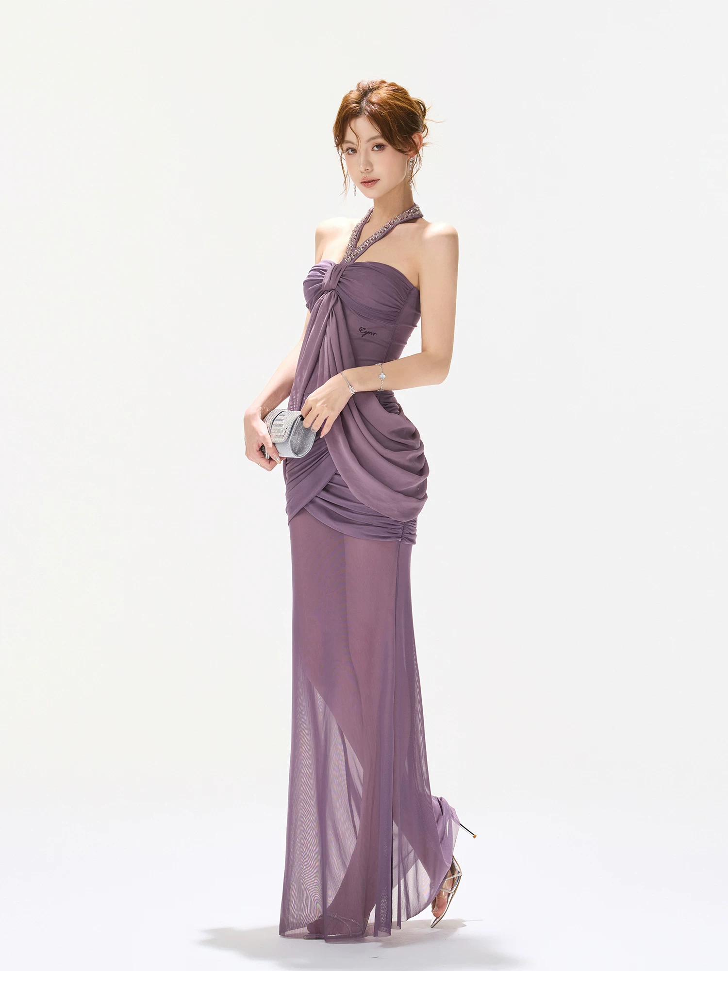 CYNR Purple Mesh Ruched Fishtail Bodycon Skirt