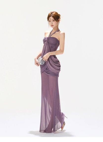 CYNR Purple Mesh Ruched Fishtail Bodycon Skirt