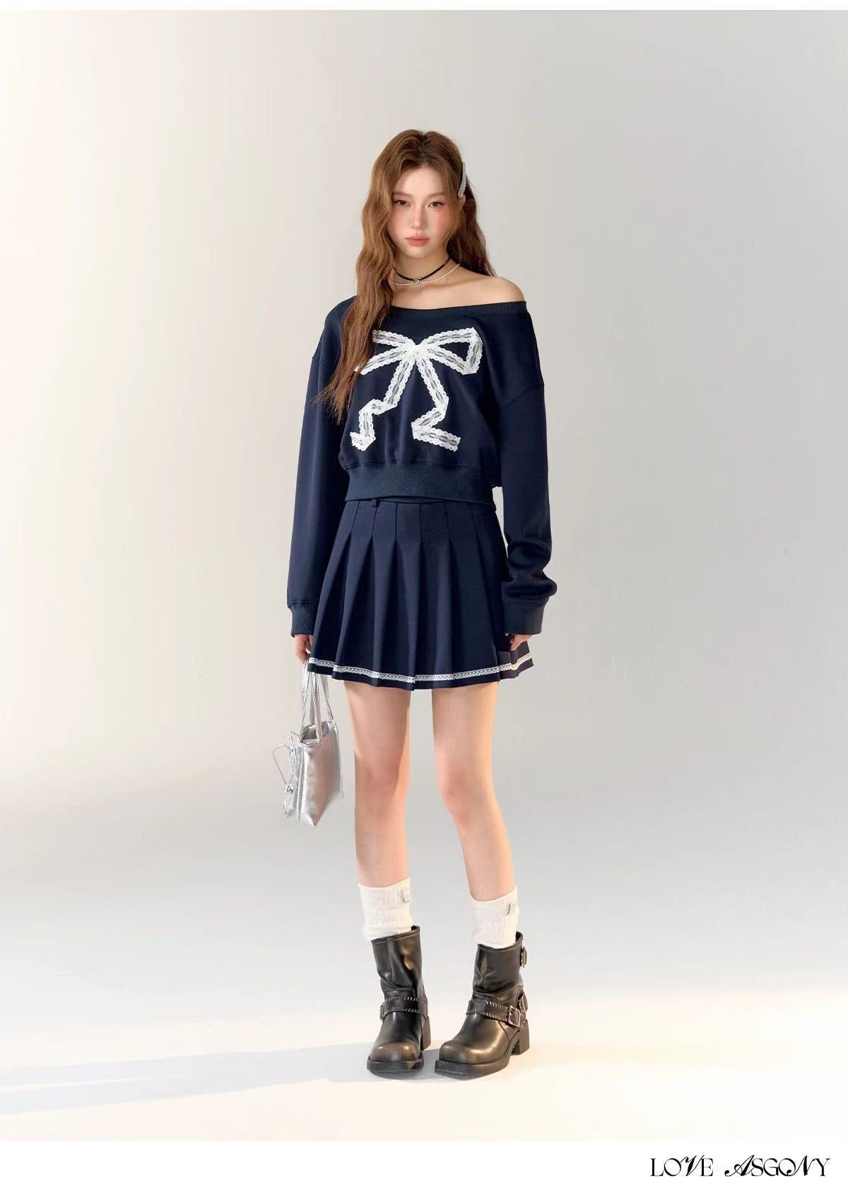 AsGony ASG24715 ASG24716 Preppy style slanted shoulder hoodie + skirt set